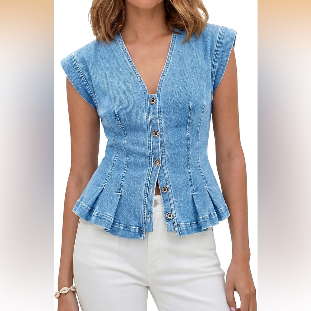 Light Blue Denim Peplum Button Front Top